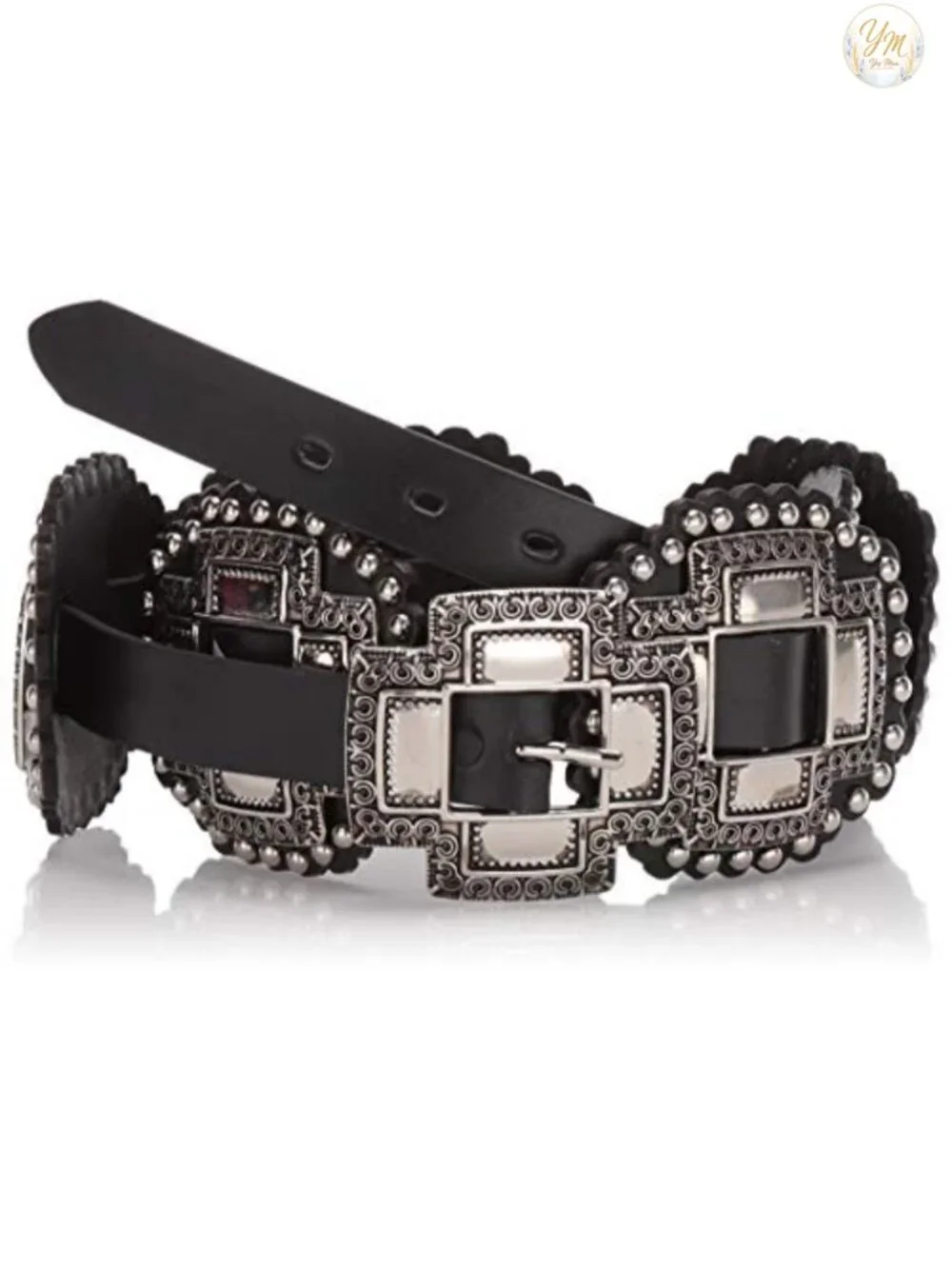 Genuine Leather Western Cross Concho Belt - Black Dressy Silver